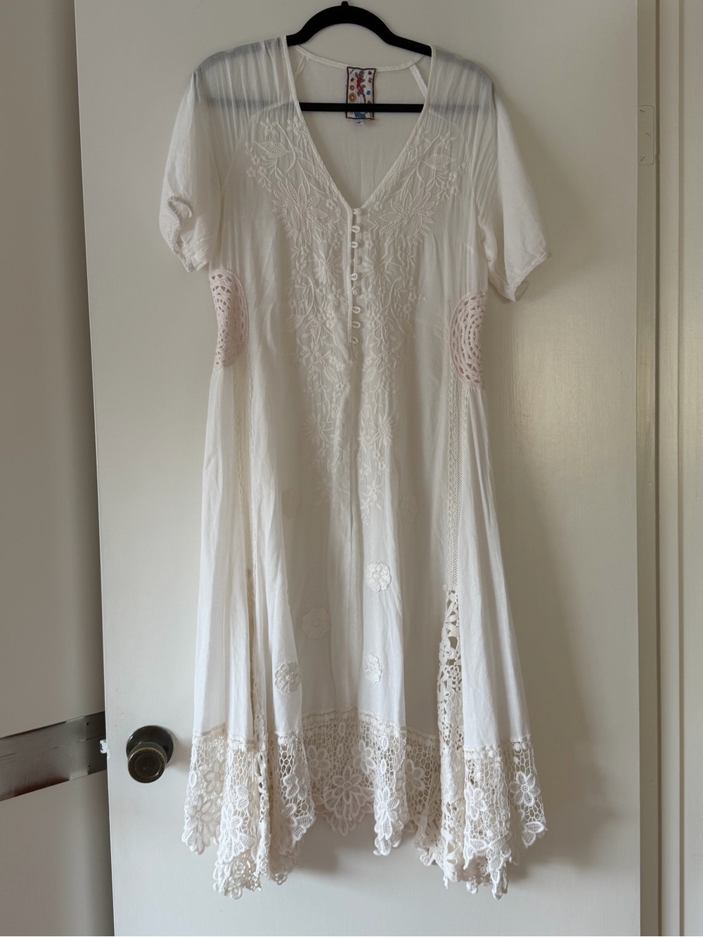 Johnny Was White Embroidered V-Neck Midi Dress